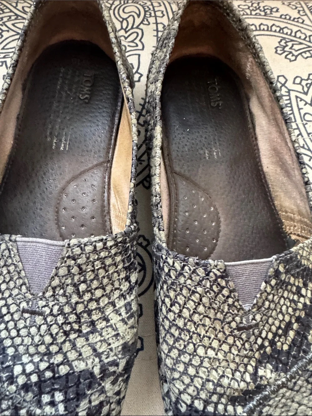 Vintage Toms Women’s Leather Espadrille Slip-Ons in Black and Cream Snake Print